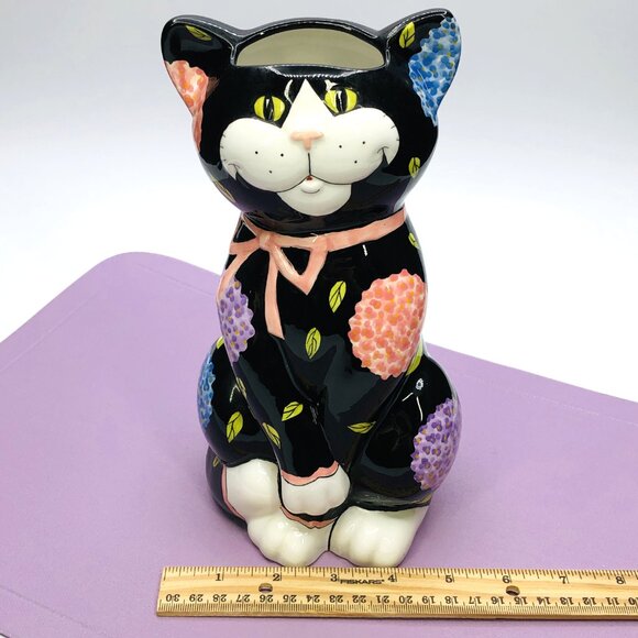 Vintage 90s Bella Casa GANZ Black Cat Head Vase: Whimsical Floral - Pink Bow - Picture 11 of 12